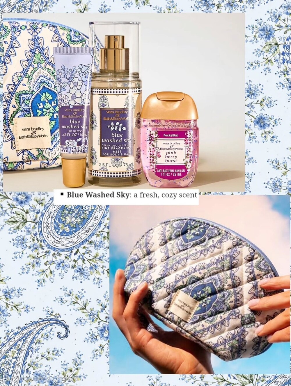 Vera Bradley x Bath & Body Works Blue Paisley Blue Washed Sky 4 Piece Travel Set